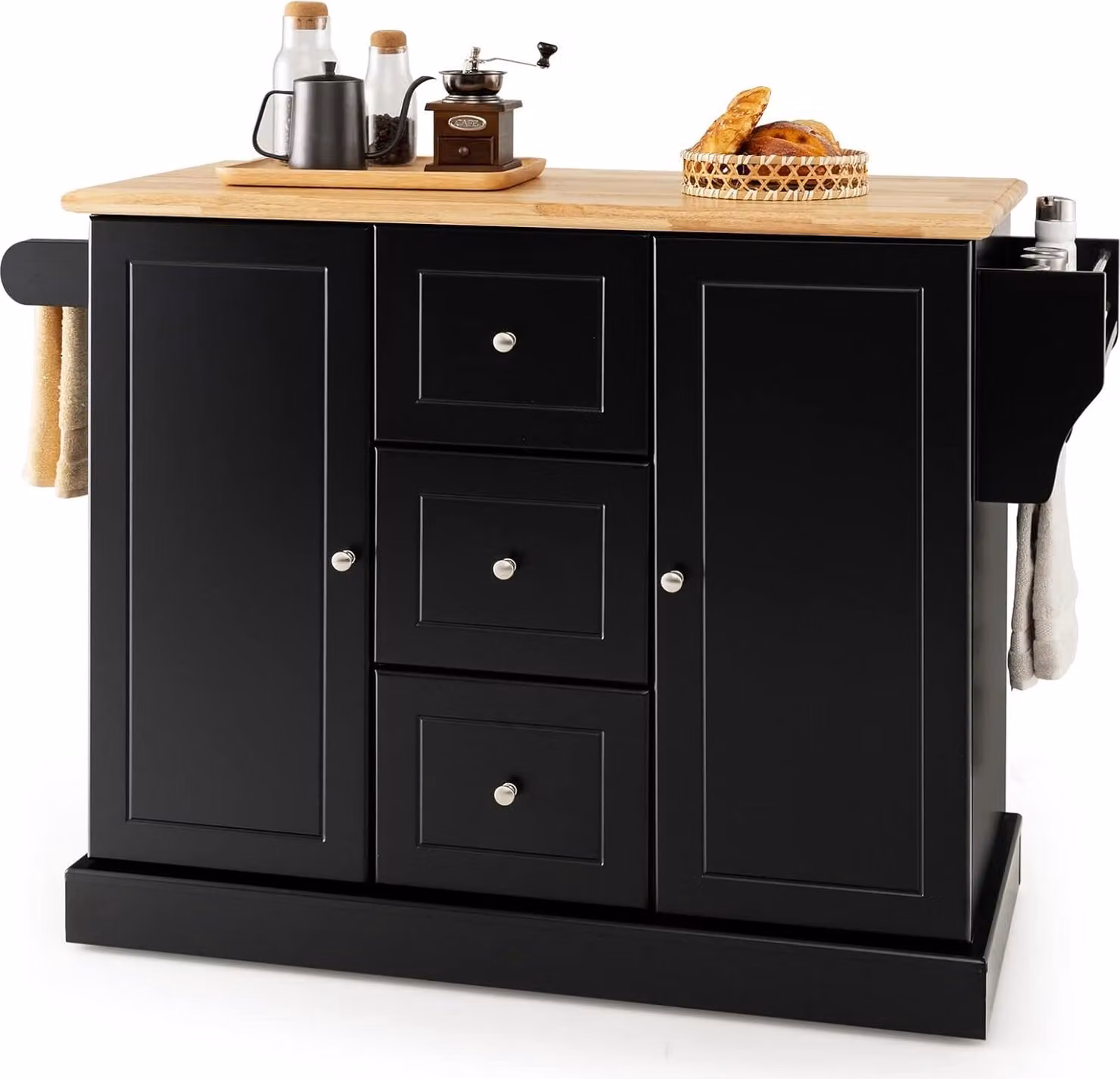 Mobiletto da cucina COSTWAY in legno, isola da cucina con 5 ruote nascoste, carrello da cucina con piano di lavoro e portasciugamani e 3 cassetti, ripiani regolabili a 5 livelli, carrello di servizio con credenza arrotolabile (nero)