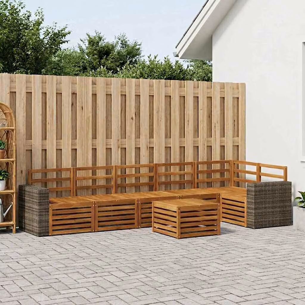 Set di divani da esterno vidaXL a forma di L composto da 7 pezzi in legno di acacia con cuscini bianchi e marroni e tavolino da caffè