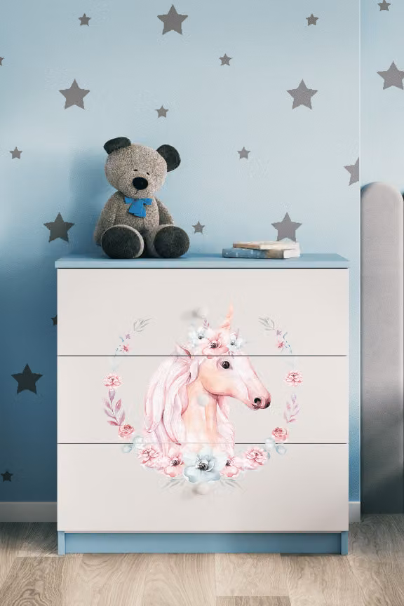 Cassettiera per bambini con cavallo a cassetti nel colore blu Babydreams