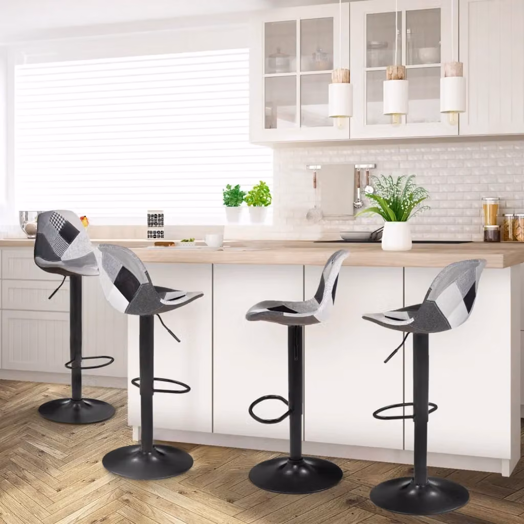 Set di 4 sgabelli da bar IDMarket modello KARL con seduta patchwork geometrica nero, grigio e bianco e gambe in metallo nero, girevoli a 360 gradi – 2