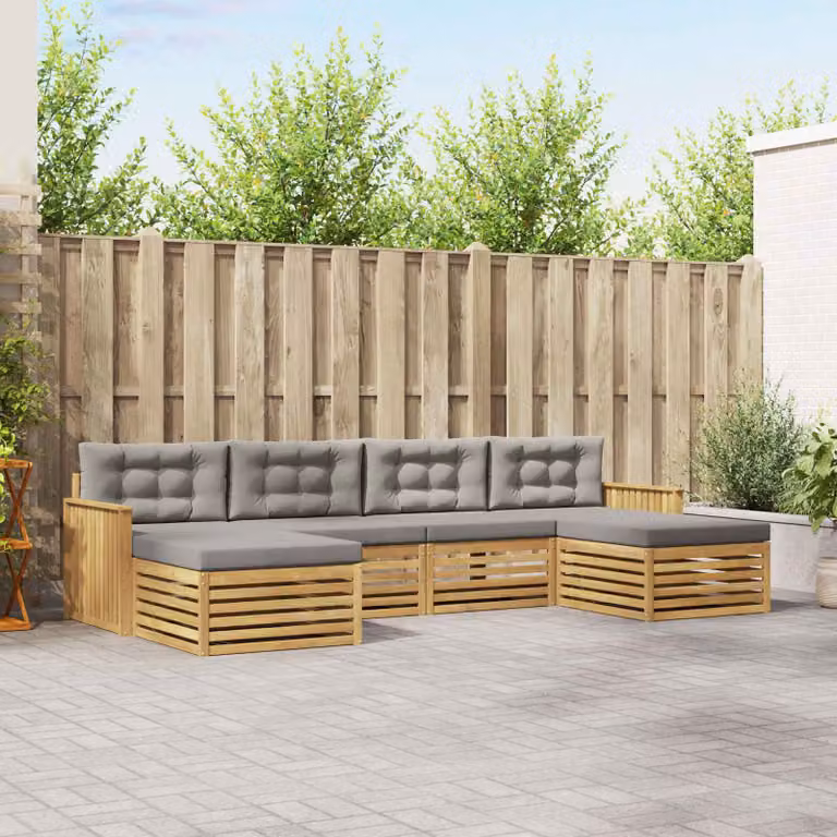 vidaXL Set di divani da esterno a forma di L composto da 6 pezzi in legno di acacia con cuscini Bianco e Grigio