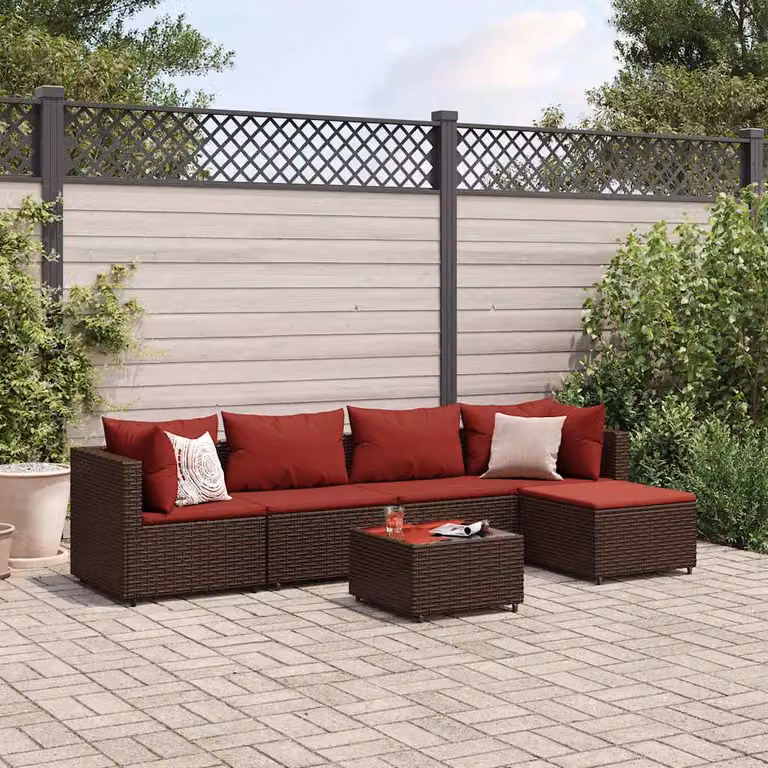 Set Mobili da Giardino vidaXL 6 Pezzi in Polyrattan Marrone con Cuscini e Tavolino da Esterno a Forma di L