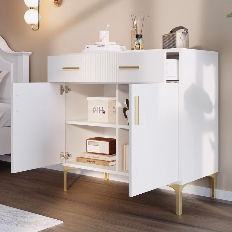 Comodino in legno con 2 ante e 2 cassetti, colore bianco, dimensioni 80x35x79,5 cm