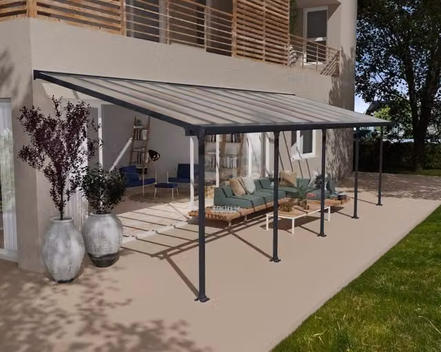 Pergola addossata Palram Feria in alluminio e policarbonato colore grigio L: 9,2 m x P: 3 m
