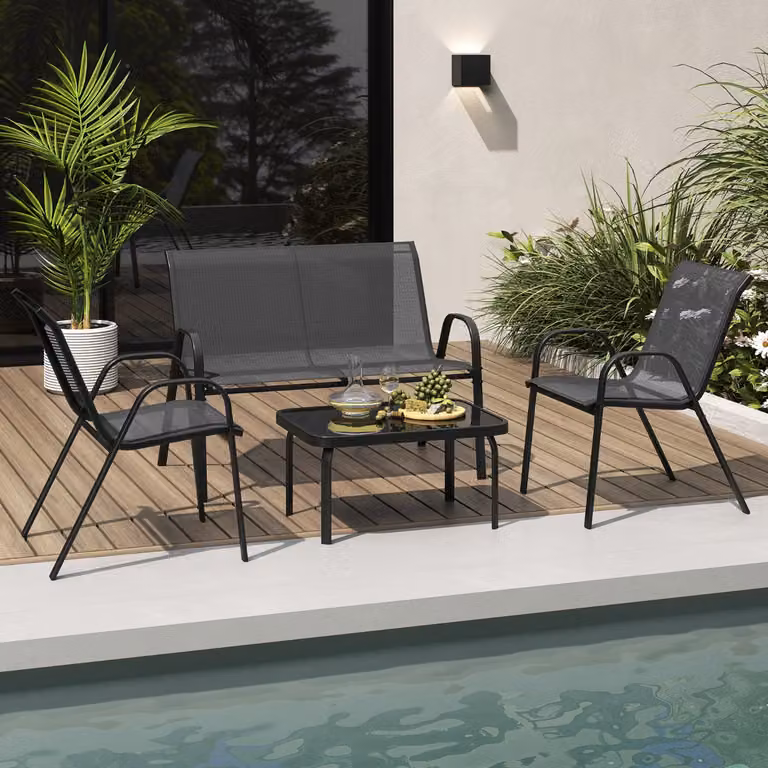Set da conversazione da esterno Costway da 4 pezzi con tavolino in vetro temperato e poltrone in textilene, Grigio