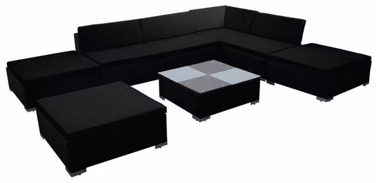 set 8 pezzi da giardino con cuscini in poly rattan nero