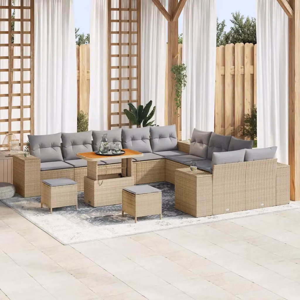 Set Divano da Giardino vidaXL 13 pz a forma a U in Polyrattan Beige con Cuscini e Tavolino – 1
