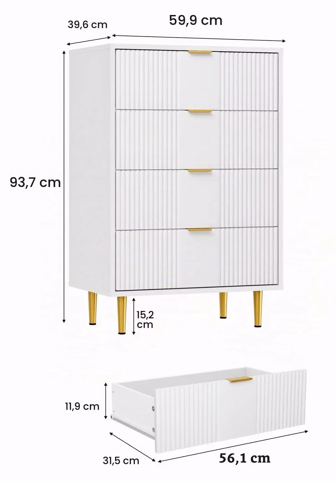 Comodino con 4 cassetti - Armadietto portaoggetti - Legno - Stile moderno e minimalista - Da montare - Bianco - 60 x 40 x 94 cm