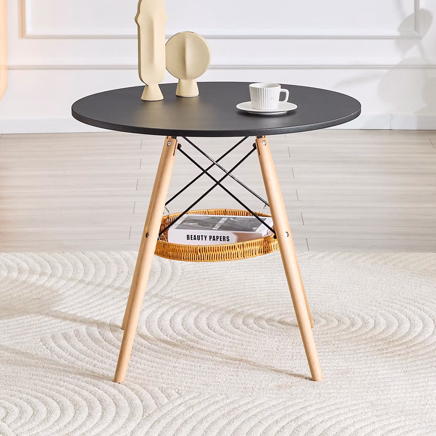 Tavolo rotondo da pranzo, diametro 80 cm, in MDF, gambe in legno massello, ripiano intrecciato, per 2-4 persone (nero, legno)