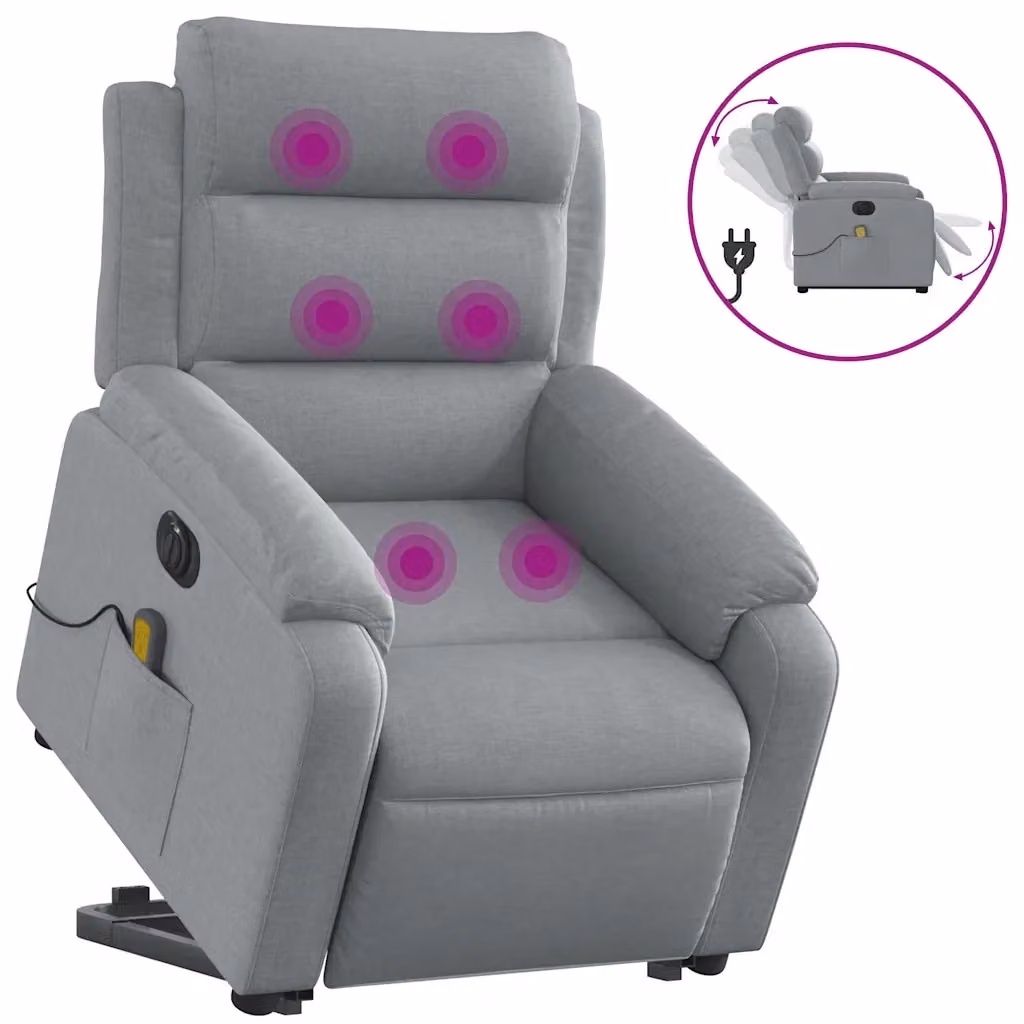 vidaXL Poltrona Alzapersona con Massaggio Elettrico Grigio Chiaro in Tessuto – 2