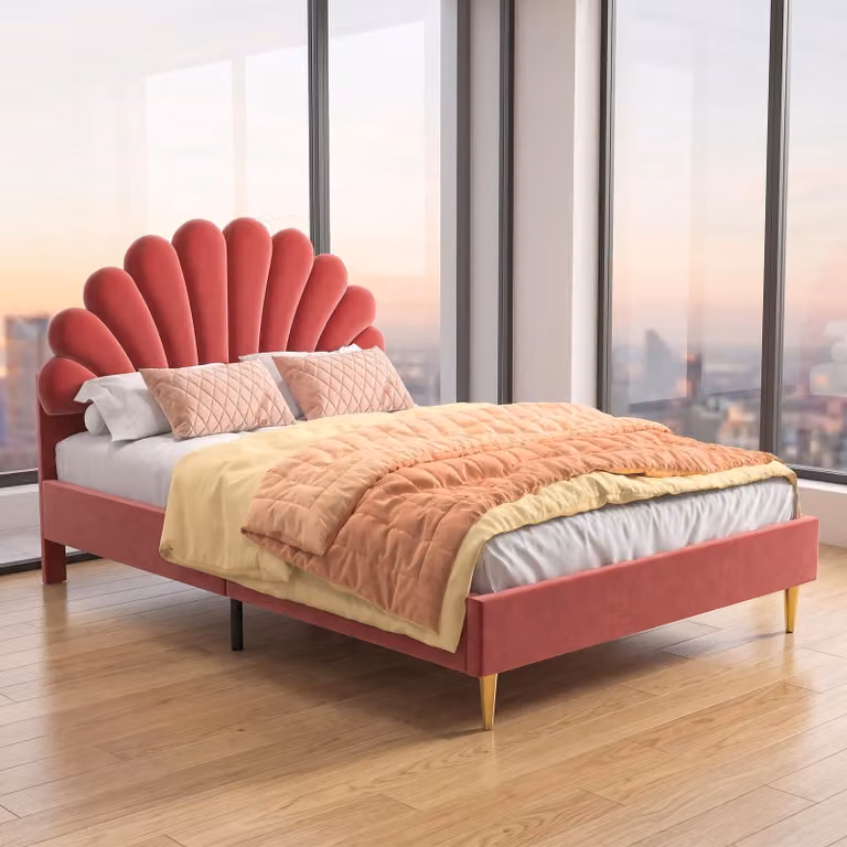Letto imbottito INONEFT, 140x200 cm, con testiera a forma di fiori, letto a castello per ragazzi, letto per bambine, letto da principessa, colore bordeaux, rivestito in velluto