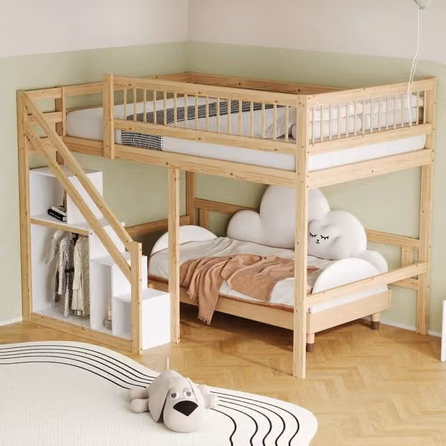 Letto a soppalco singolo 140 × 200 cm, scala con contenitori e barriera alta, senza materasso, legno naturale
