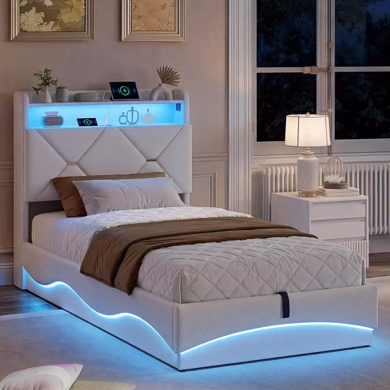 Struttura letto ProximaX 90x200 cm, tessuto in velluto beige, vano contenitore idraulico, illuminazione a LED RGB, stazione di ricarica USB/Type-C