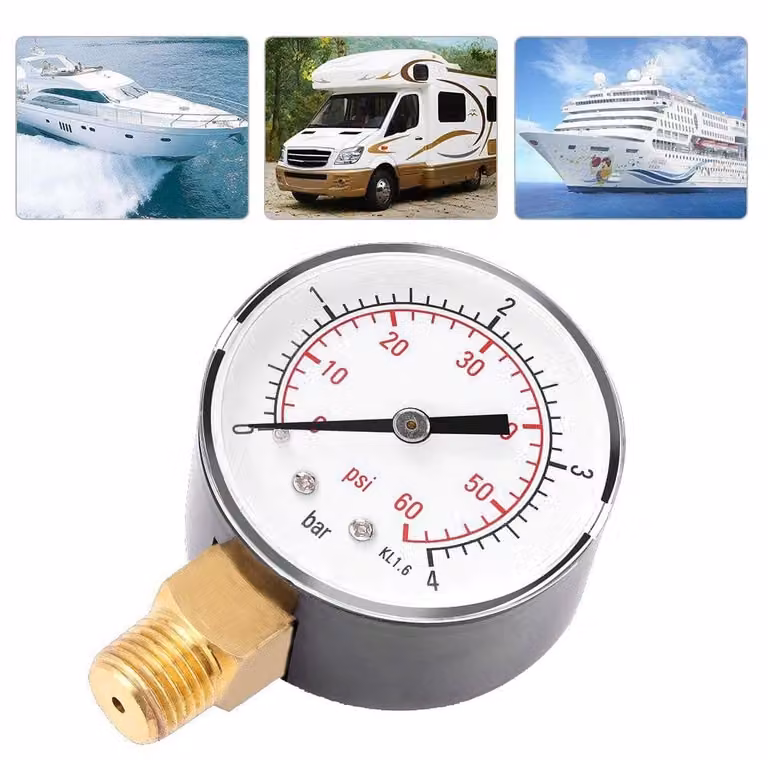 Manometro con range di misurazione da 0 a 4 bar / 0 a 60 psi, attacco NPT 1/4", struttura in metallo, formato mini, elevata stabilità. Adatto per l'utilizzo con aria, acqua e olio
