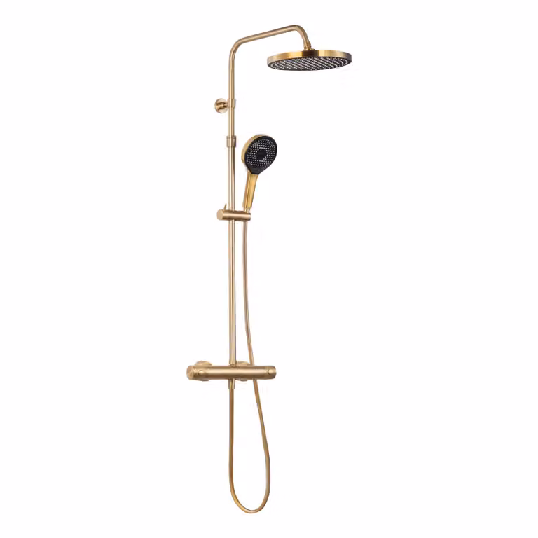 SCHÖNER WOHNEN collezione GLAIA sistema doccia con termostatico, oro opaco, set completo di rubinetteria con doccia a pioggia