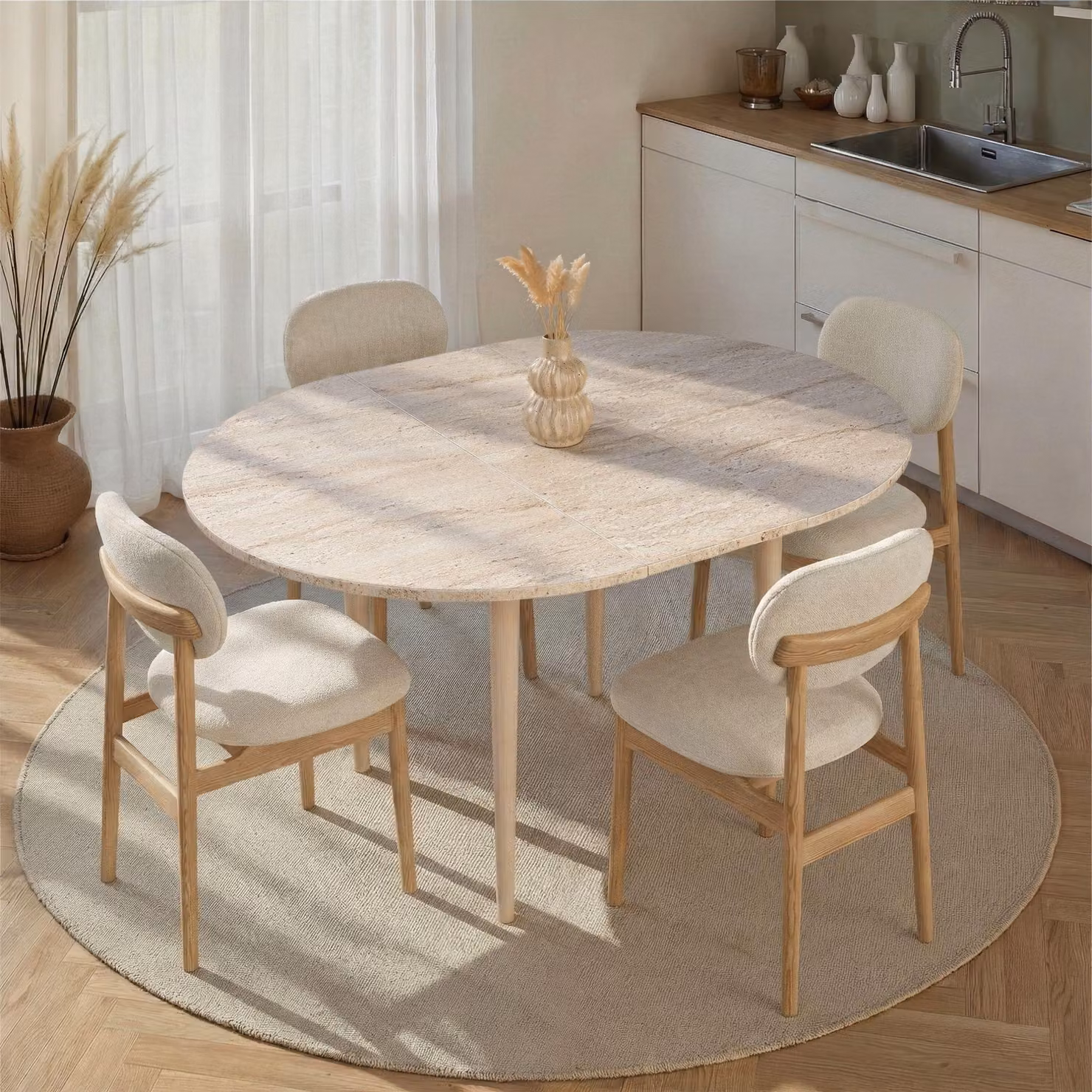 Skye Decor, tavolo da pranzo allungabile, travertino e rovere, 100 x 100 cm (131 cm quando allungato) | Pannello truciolare rivestito al 100% in melamina, spessore 18 mm | Design scandinavo, moderno e funzionale.