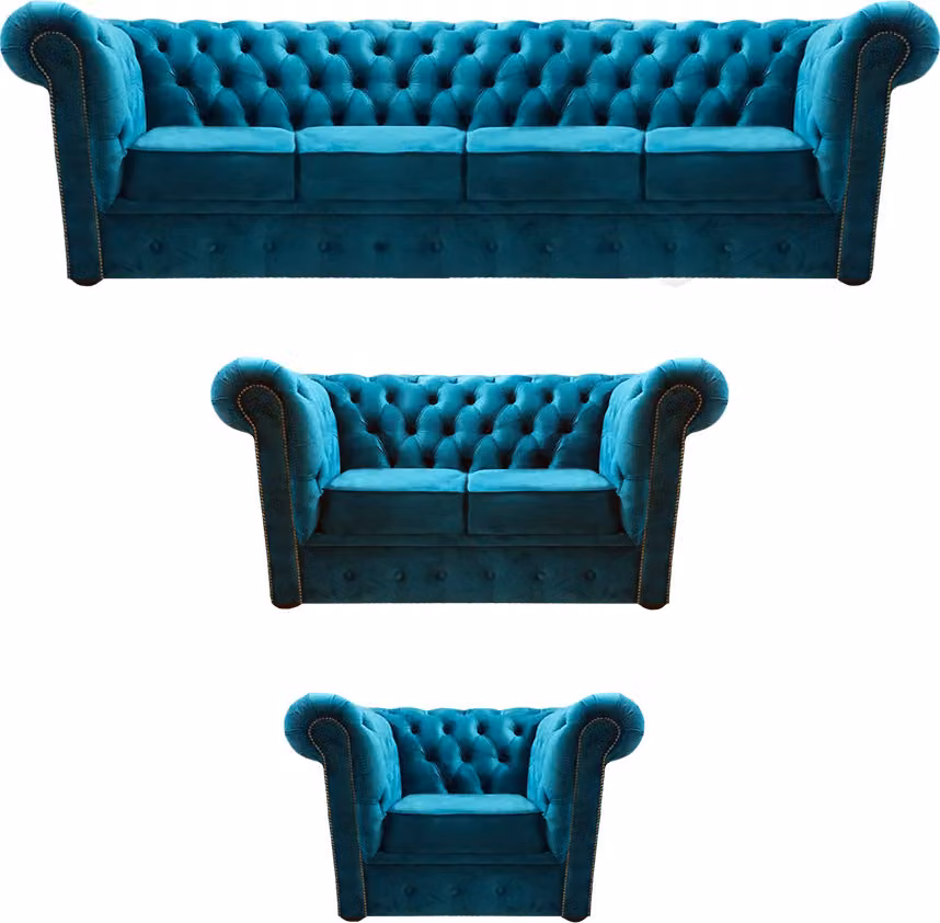 Blau Sofa Set 3tlg Modern Textil Chesterfield Wohnzimmer Komplett
