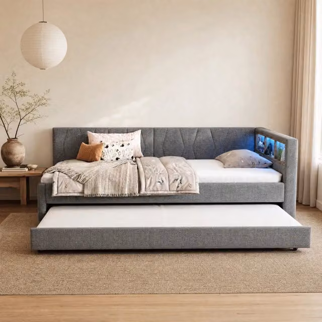 Letto estraibile 90x200 cm grigio con LED, USB-C e vani contenitore