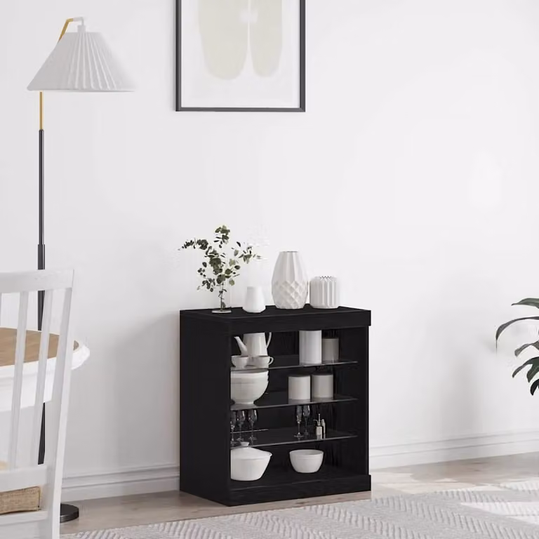 Madia moderna vidaXL con illuminazione LED in rovere nero e vetro, L 60,5 cm x P 37 cm x H 67 cm