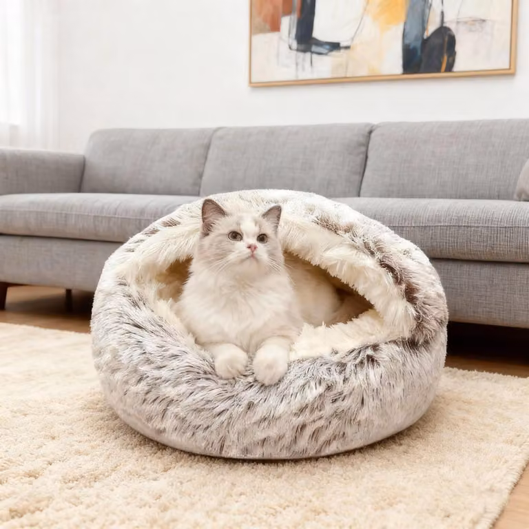 Cuccia per animali domestici, lavabile, in peluche, per gatti o cani, cuccia confortevole con cappuccio, antiscivolo, colore caffè, dimensioni L: 50x50x10 cm