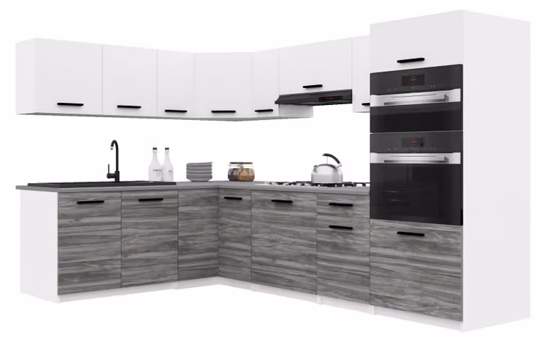 Belini - Angolo cottura moderno ITALIA 8 - Mobili da cucina 420 cm bianco-grigio Glamour opaco - Cucina componibile con pensili, mobili base e piani di lavoro
