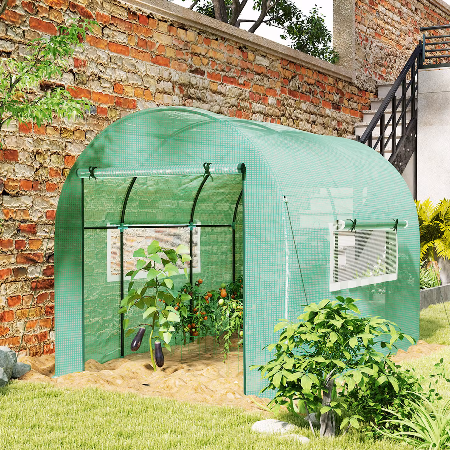 Outsunny Serra a Tunnel per Orto in Acciaio e PE Anti UV con Porte e Finestre, Verde, L: 300 cm, P: 200 cm, H: 200 cm – 2