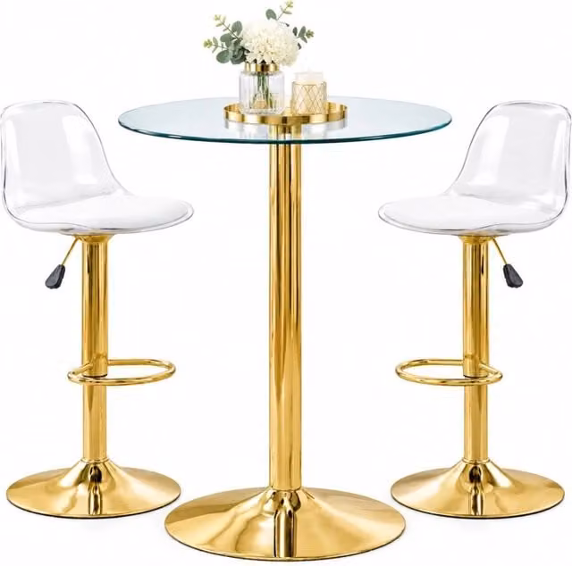 Set tavolo e sedie da bar con tavolo rotondo e 2 sgabelli regolabili girevoli in vetro metallo plastica oro trasparente