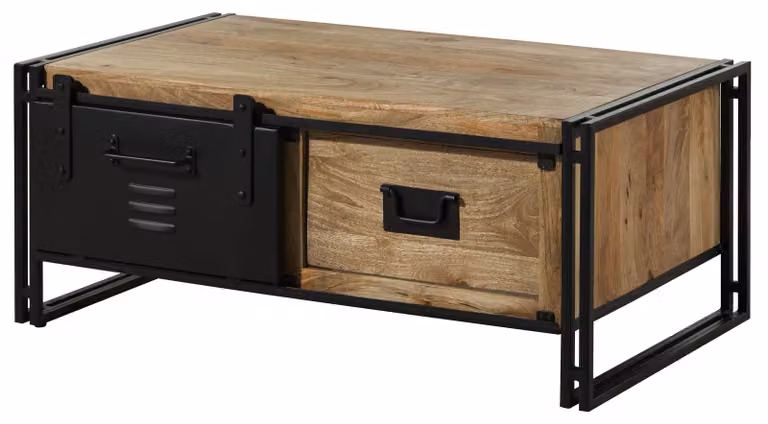 MASSIVMOEBEL24 | Tavolino da salotto in legno di Mango 120x70x50 laccato chiaro naturale / ferro nero BLACKBURN #103