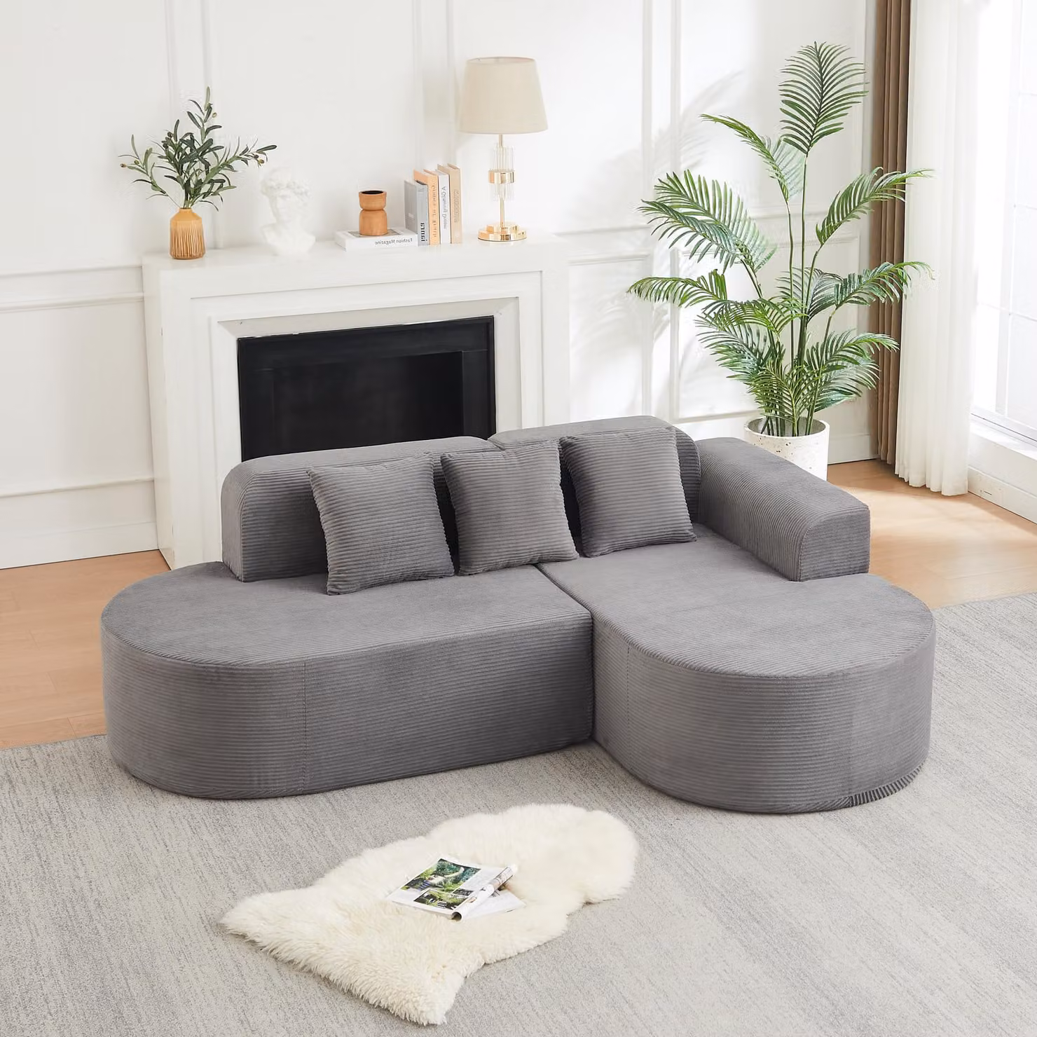 Divano angolare modulare, 220 cm, rivestito in corda, con schienali curvi, 3 cuscini, ideale per soggiorni e zone relax (nero)