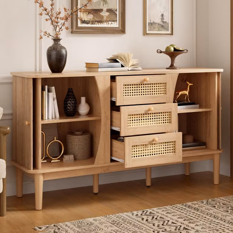 STILVORA credenza cassettiera in rattan con ante scorrevoli, ripiani regolabili e piano arrotondato, cassettiera in legno, naturale