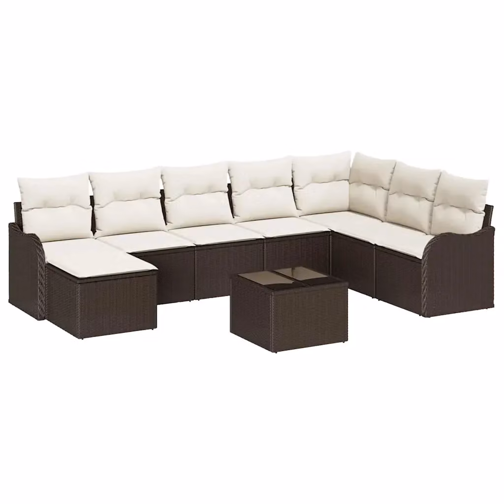 Set Divano da Giardino vidaXL 9 Pezzi in Polyrattan Marrone e Bianco con Cuscini e Tavolino – 2