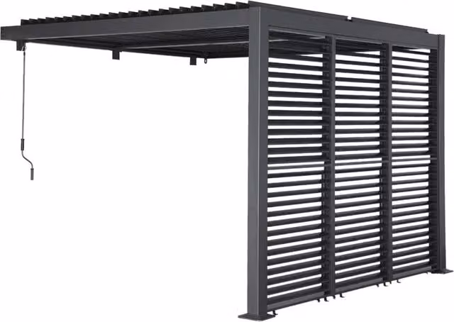 Pergola bioclimatica addossata in alluminio SWEEEK colore antracite con 3 persiane da 100 cm, L: 300 cm x P: 300 cm – 1