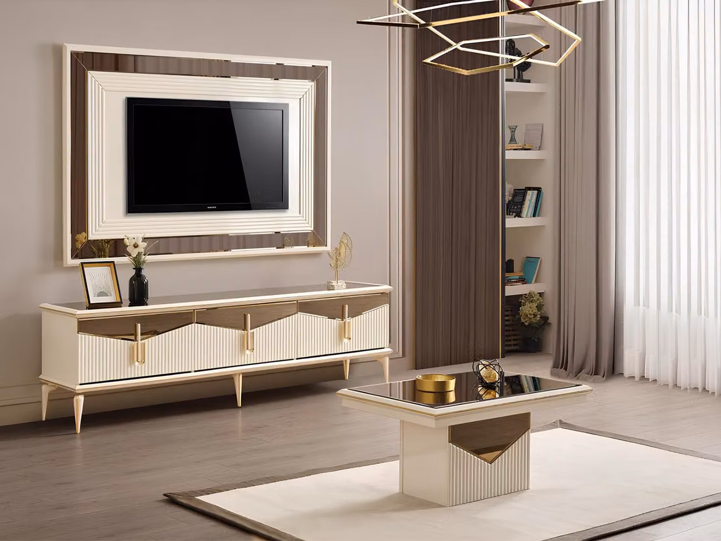 Wohnwand TV Ständer Wandpanel Couchtisch RTV Lowboard Gold 3tlg Beige