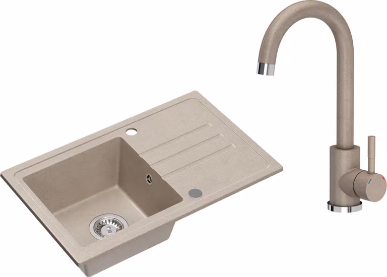 VBChome Lavello in granito beige con rubinetto 70 x 44 cm Lavello da incasso a vasca singola Macchiettato Reversibile Lavello in granito Sifone Lavabo Rubinetto beige