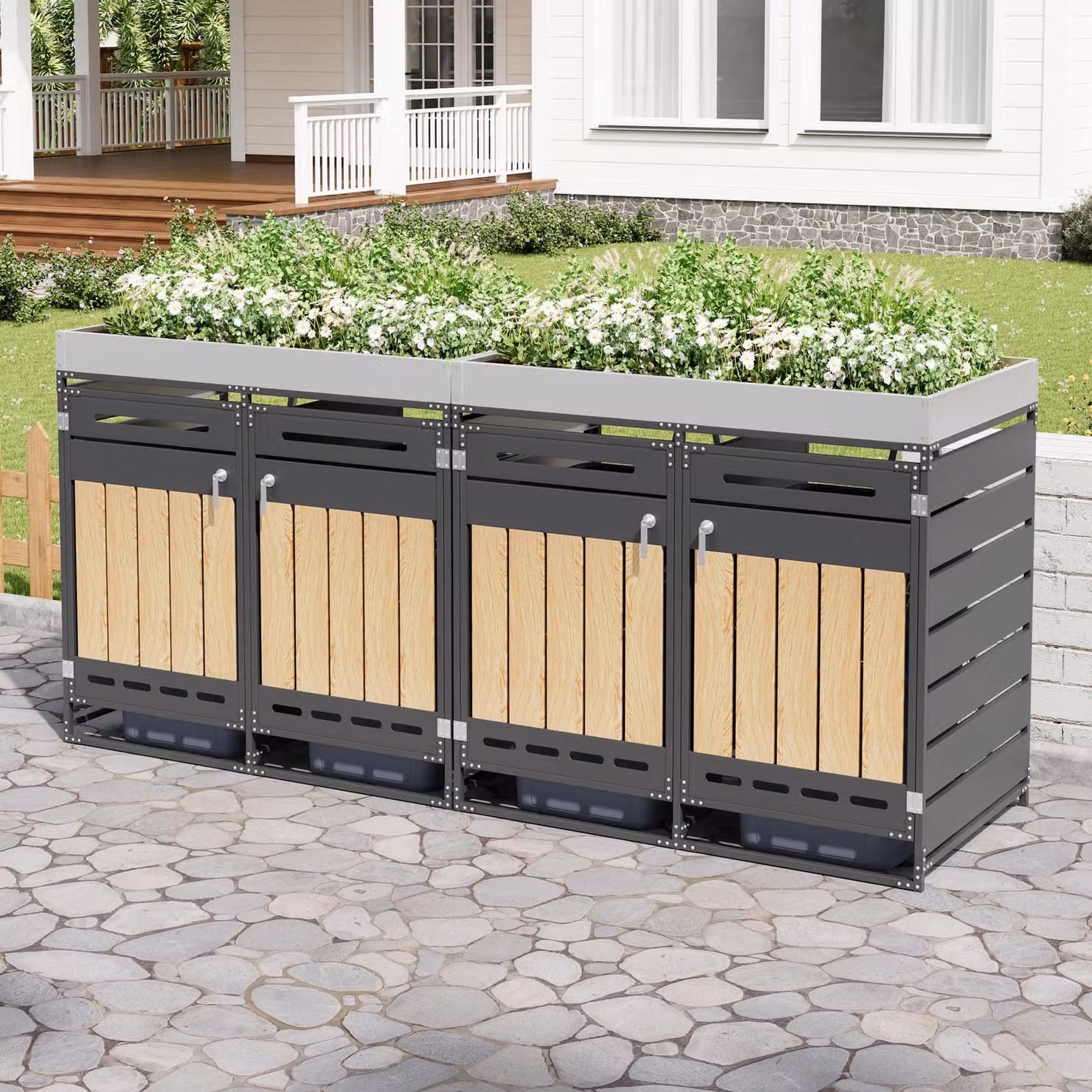 STILVORA: box per bidoni della spazzatura con fioriera e serratura, armadietto da giardino con venature del legno verticali e sistema di ventilazione, armadietto in ferro per il giardino
