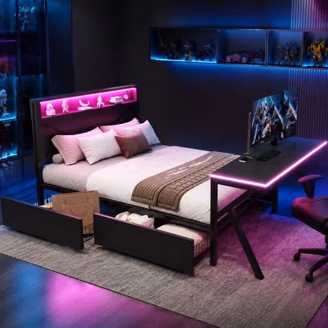 Letto piattaforma gaming 140x200 cm in metallo con testiera a LED, scrivania illuminata e due cassetti, nero