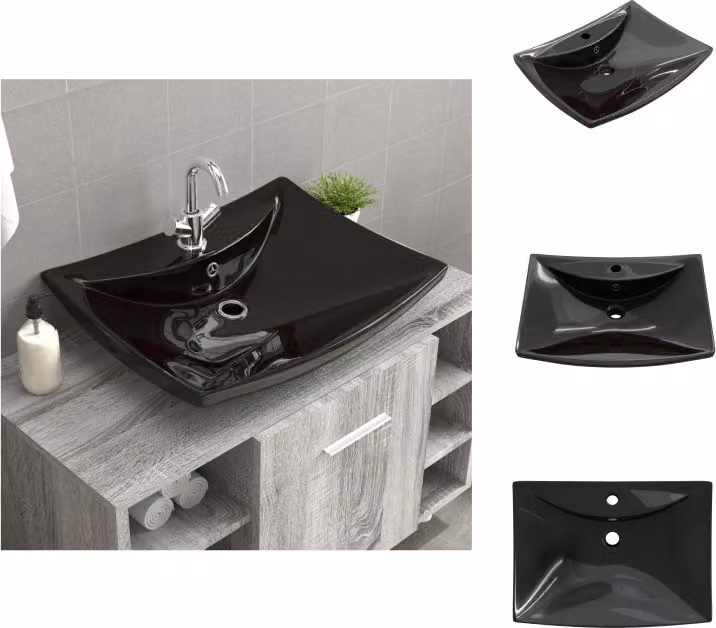 Lussuoso lavabo rettangolare in Vetroceramica con foro per rubinetto e troppopieno nero - Lavabo da bagno