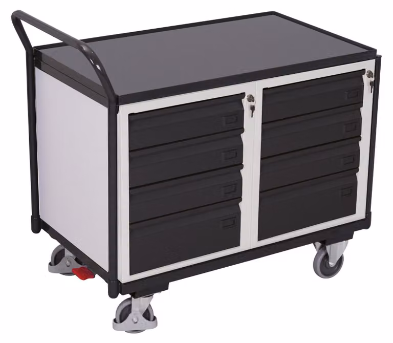 Carrello da officina VARIOfit con maniglia scorrevole ergonomica, 8 cassetti e 1 piano di carico di 985x590 mm, colore grigio antracite RAL 7016