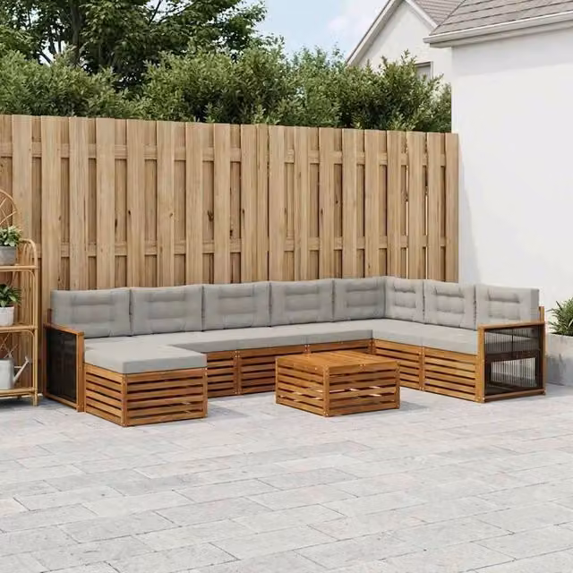 Set di divani da esterno a forma di U vidaXL in legno di acacia con tavolino e pouf, colore marrone e grigio, 9 pezzi