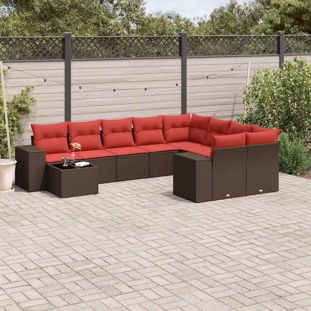 Set Divani da Giardino 10 pz con Cuscini Marrone in Polyrattan 3223063