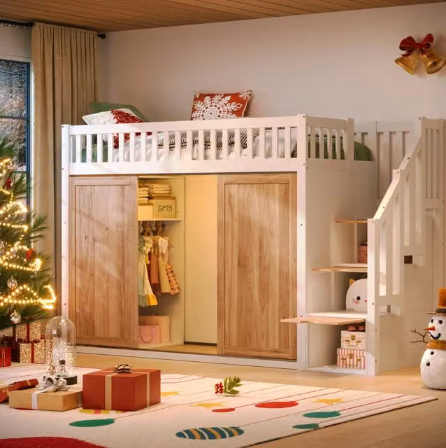 Letto a soppalco singolo MODFU per bambini con armadio, scala contenitore e illuminazione LED, Bianco e Rovere, 90 x 200 cm