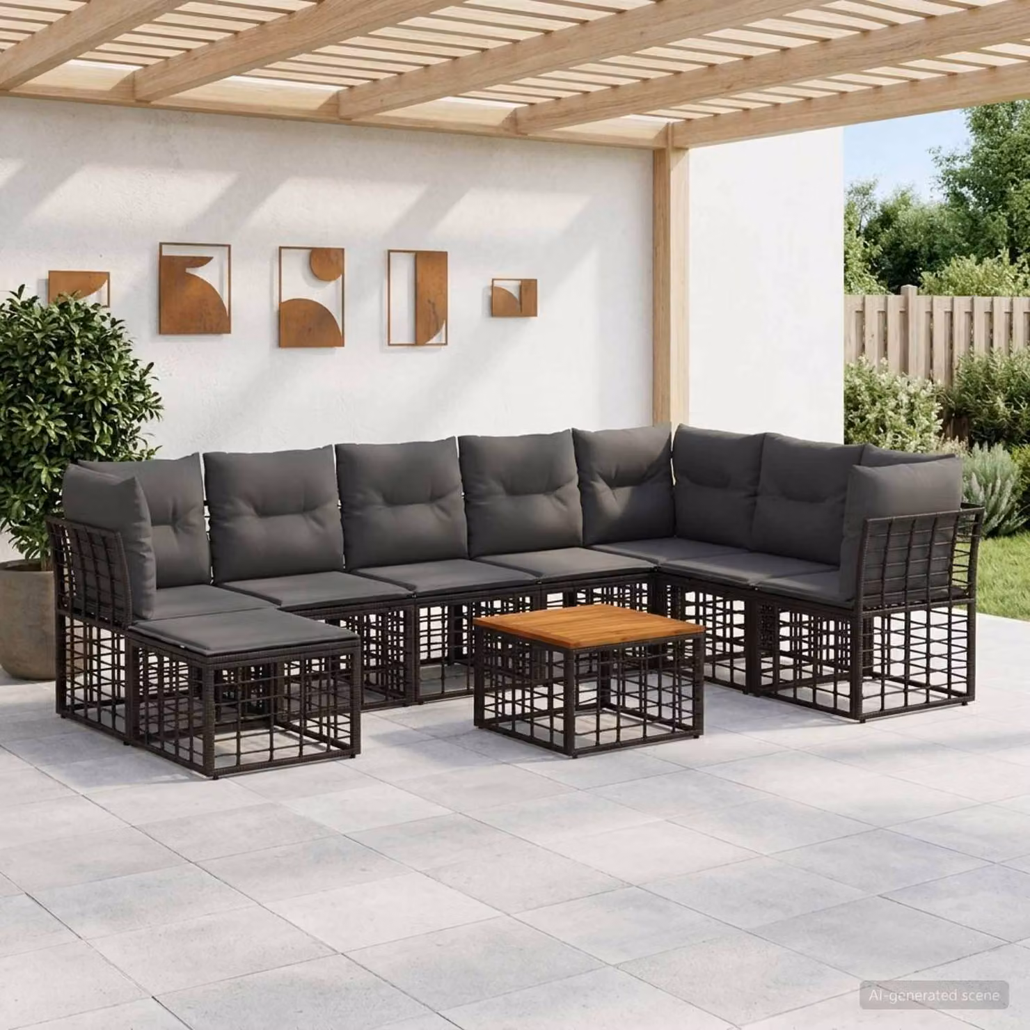 Set di divani da esterno vidaXL 9 pezzi a forma di L con tavolino e pouf, Nero e Grigio
