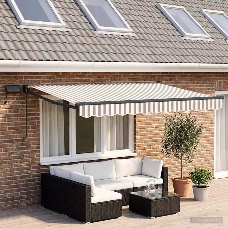 Tenda retrattile manuale con LED vidaXL in poliestere, colore grigio chiaro e bianco, con struttura in acciaio e alluminio, montaggio a parete