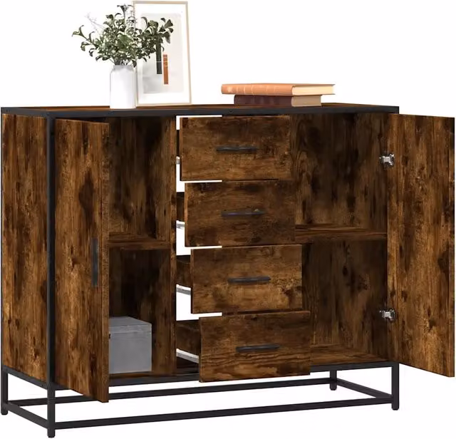 Credenza in stile industrial vidaXL in legno rovere e metallo, colore marrone, L 92 x P 35 x H 76 cm – 1