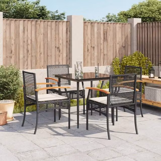 Set da Pranzo da Giardino 5 pz Nero con Cuscini in Polyrattan 3213597
