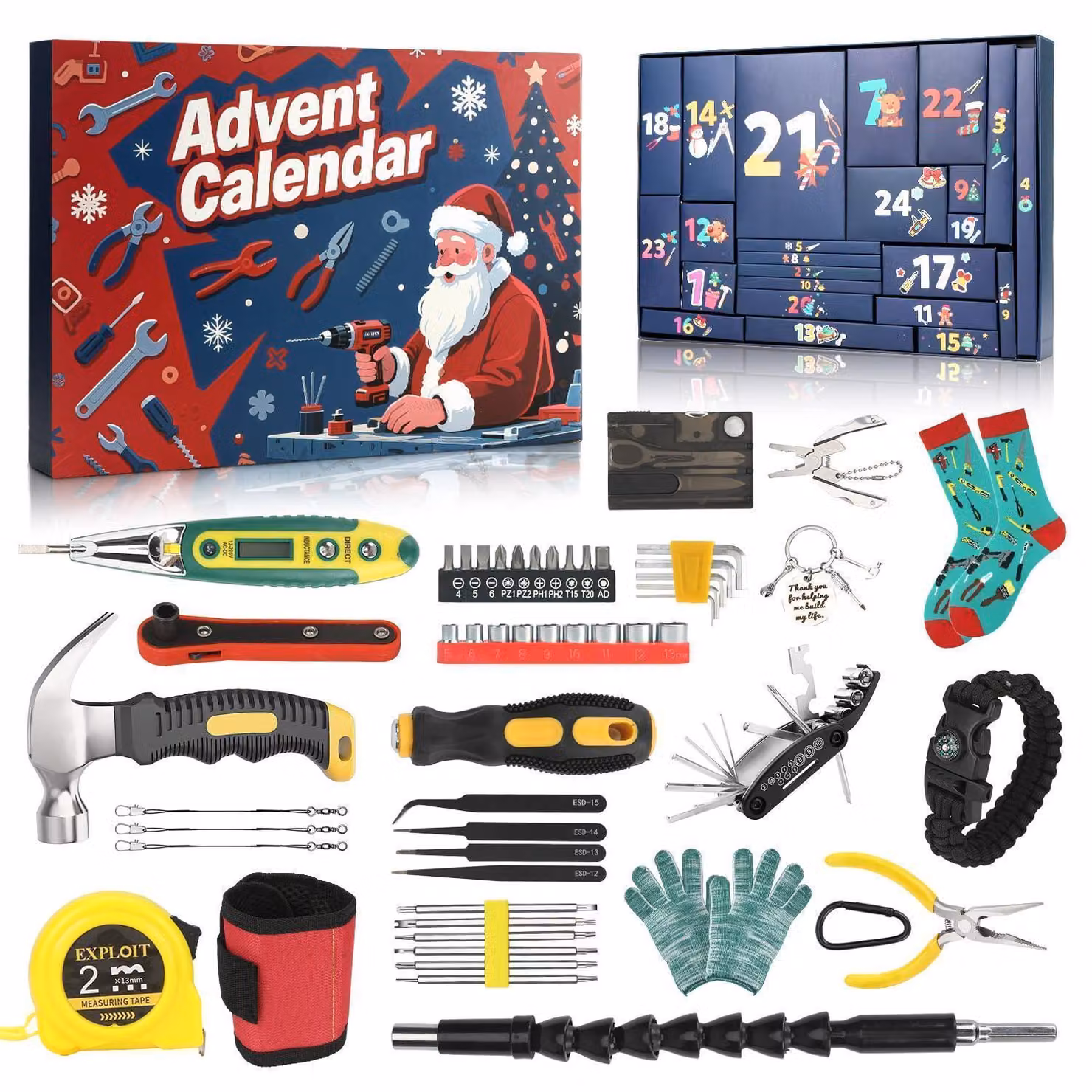 Calendario dell'Avvento per utensili da lavoro, confezione da 24 pezzi, con strumenti meccanici e articoli di sopravvivenza per attività all'aperto, campeggio e escursioni
