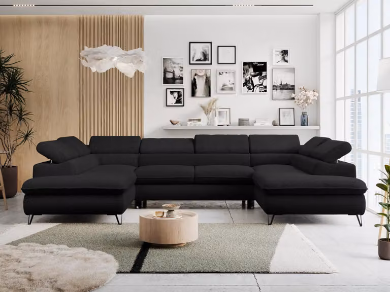 Divano ad angolo con funzione letto, contenitore, forma a U, poggiatesta regolabili, divano da salotto - PETER U - Bouclé - Nero