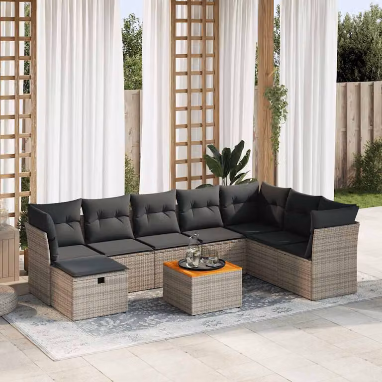 Set Divano da Giardino vidaXL 9 pz in Polyrattan con Cuscini e Tavolino, Forma a L, Grigio e Marrone
