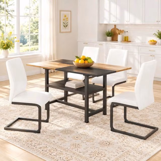 Set tavolo da pranzo con ripiano integrato e 4 sedie in similpelle bianca; 160 cm
