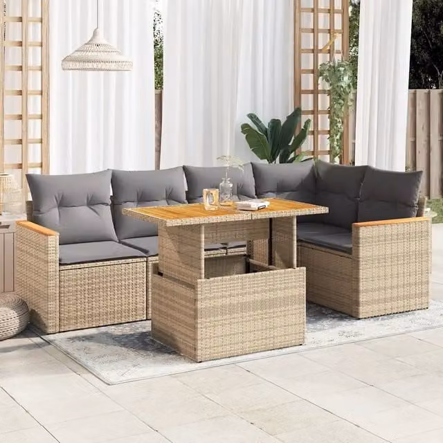 Set Divano da Giardino a L con Polyrattan e Legno di Acacia vidaXL, 6 Pezzi con Cuscini Beige e Grigio e Tavolino da Esterno